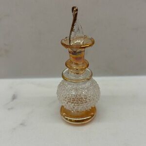 Miniature Mouth Blown Egyptian Perfume Bottle Gold Painted Glass 3”